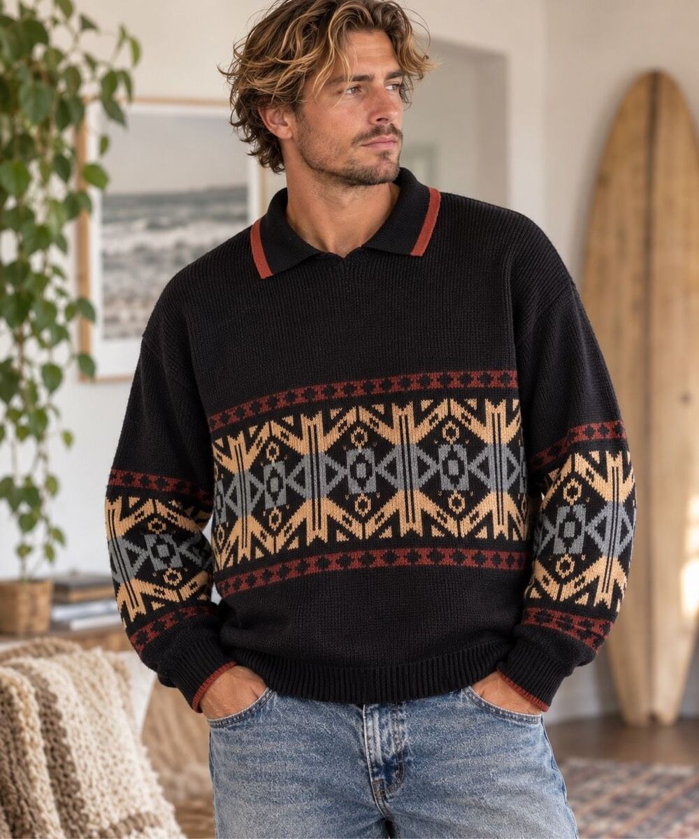 Vintage Southwestern Knit Polo Sweater Men’s M Black Aztec Geometric Collared Pu